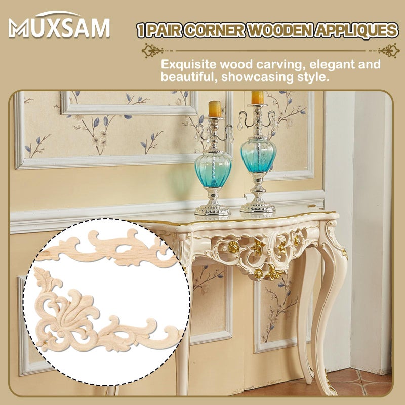 MUXSAM 1-Pair Wood Carved Onlays, 20x10cm/7.87"x3.94", Left&Right Decorated Furniture Appliques, Wooden Carving Corner Decals for Cabinet Drawer Cupboard Dresser Mirror Door Wall Bed DIY Projects - Image 4